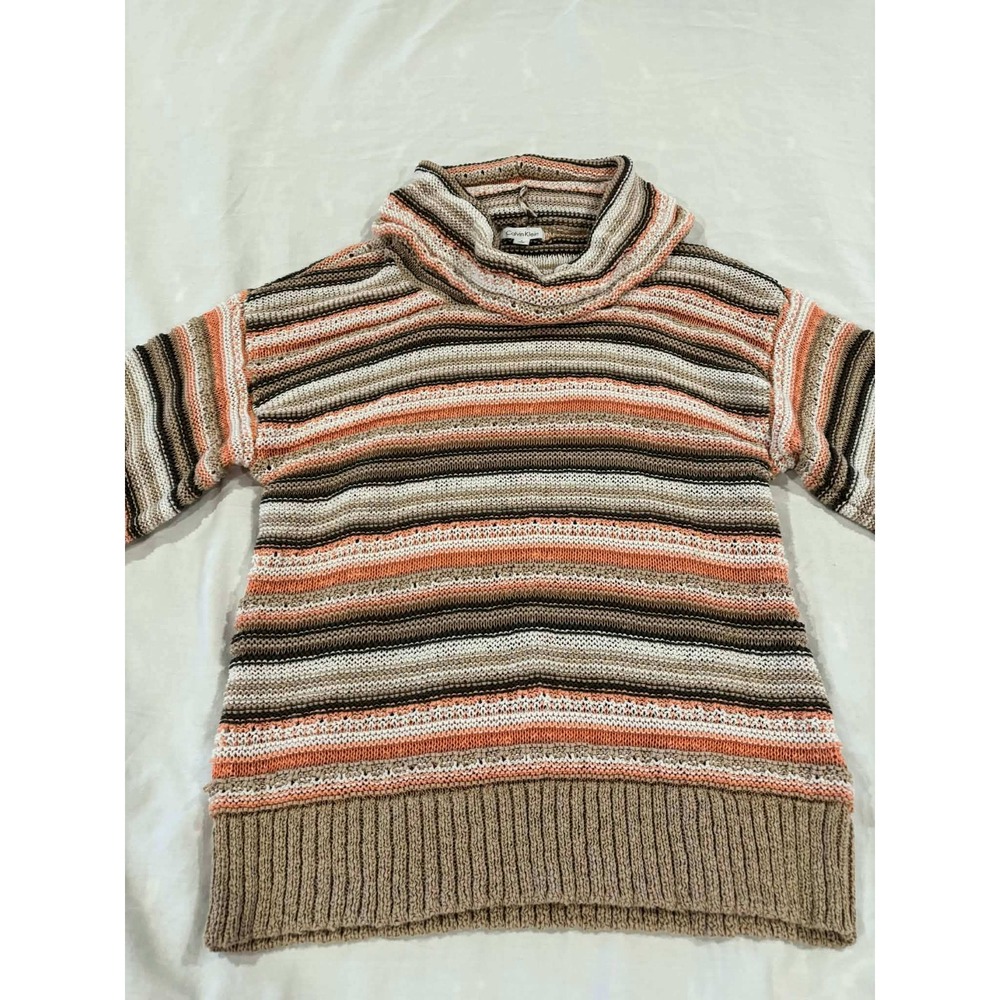 Calvin Klein Striped Cowl Neck Short Sleeve Knit Sweater Top Womens L Orange Tan